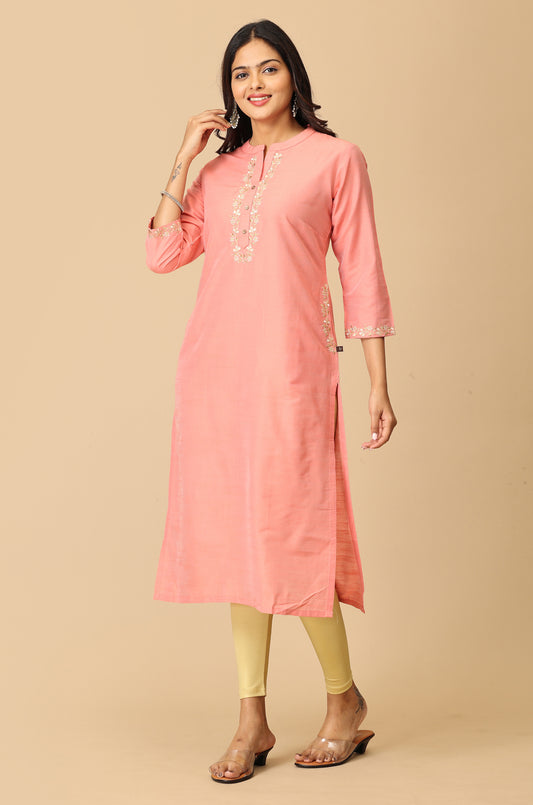 Peach Slub Silk Embroidery with Pocket