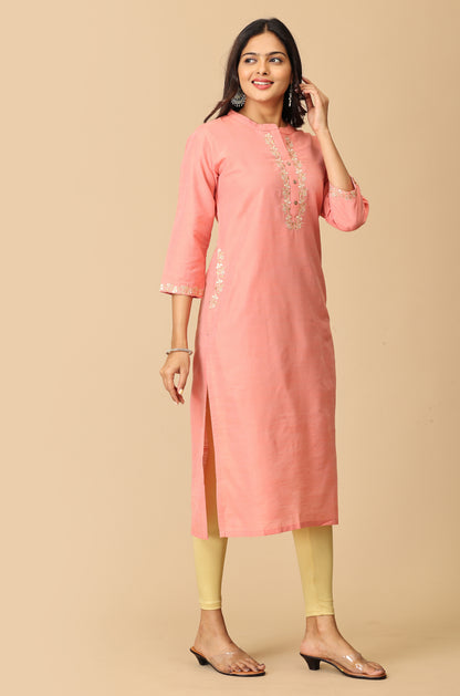 Peach Slub Silk Embroidery with Pocket