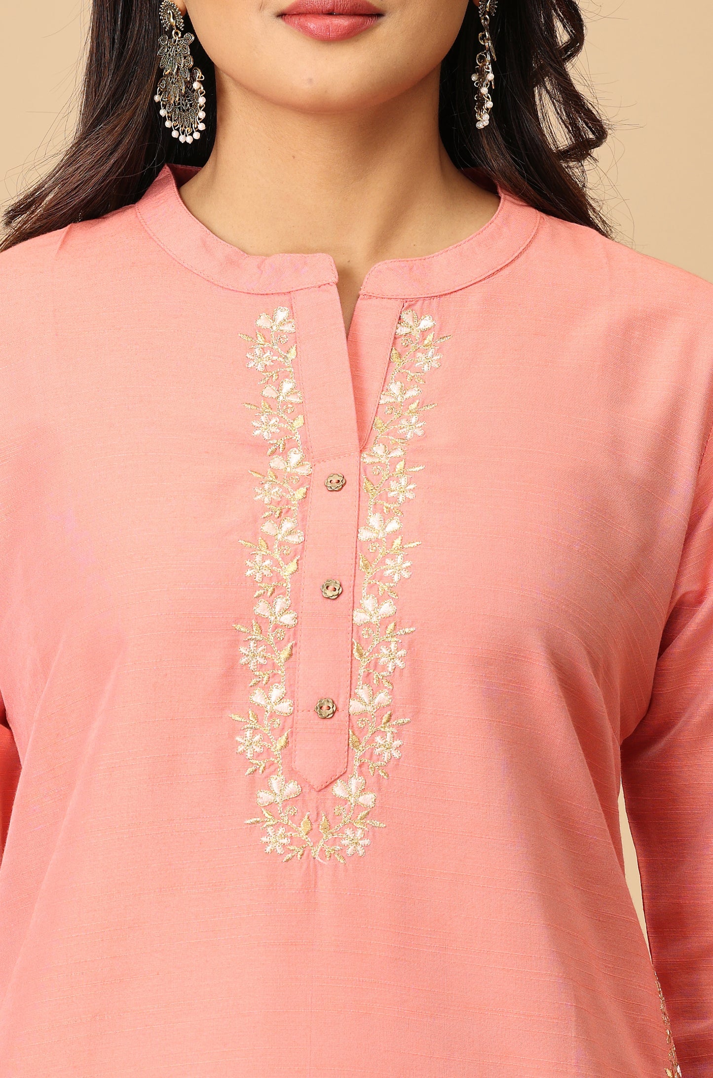 Peach Slub Silk Embroidery with Pocket