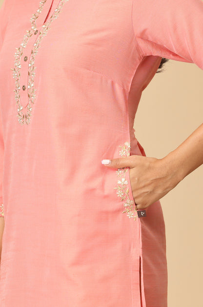 Peach Slub Silk Embroidery with Pocket