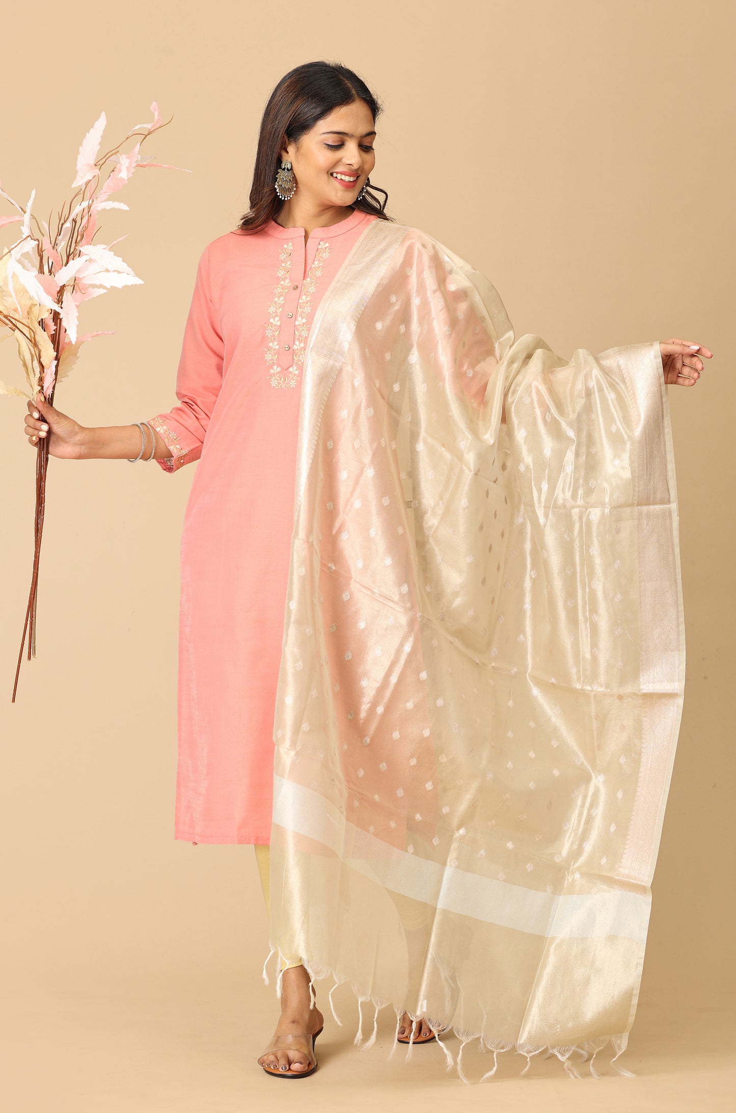 Peach Slub Silk Embroidery with Pocket