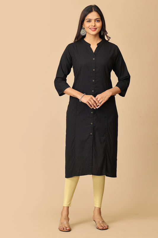 Black Rayon Slub Solid Princess Cut Kurti