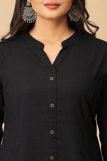 Black Rayon Slub Solid Princess Cut Kurti