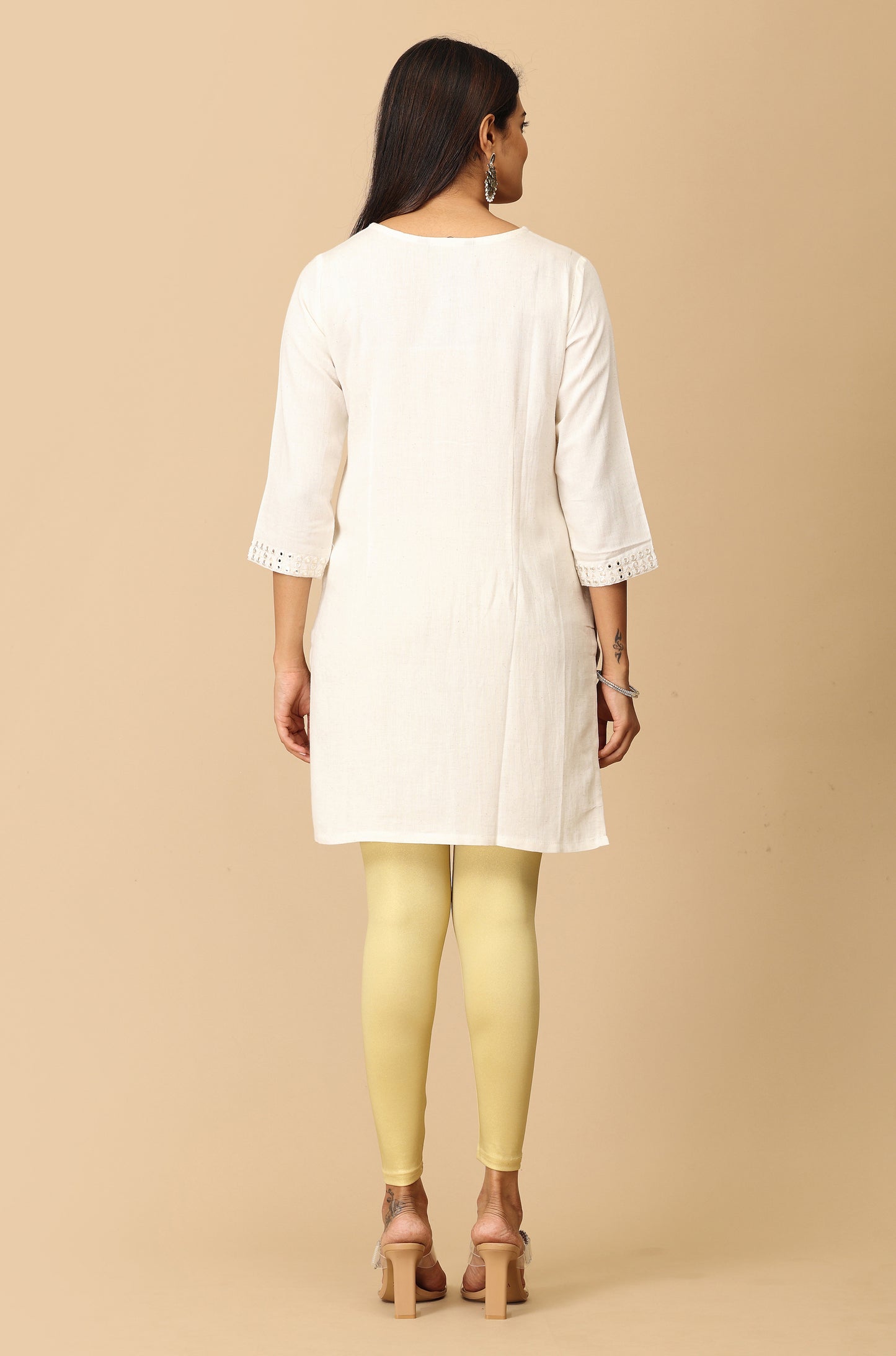 Off White Mirror Work Embroidery Kurti