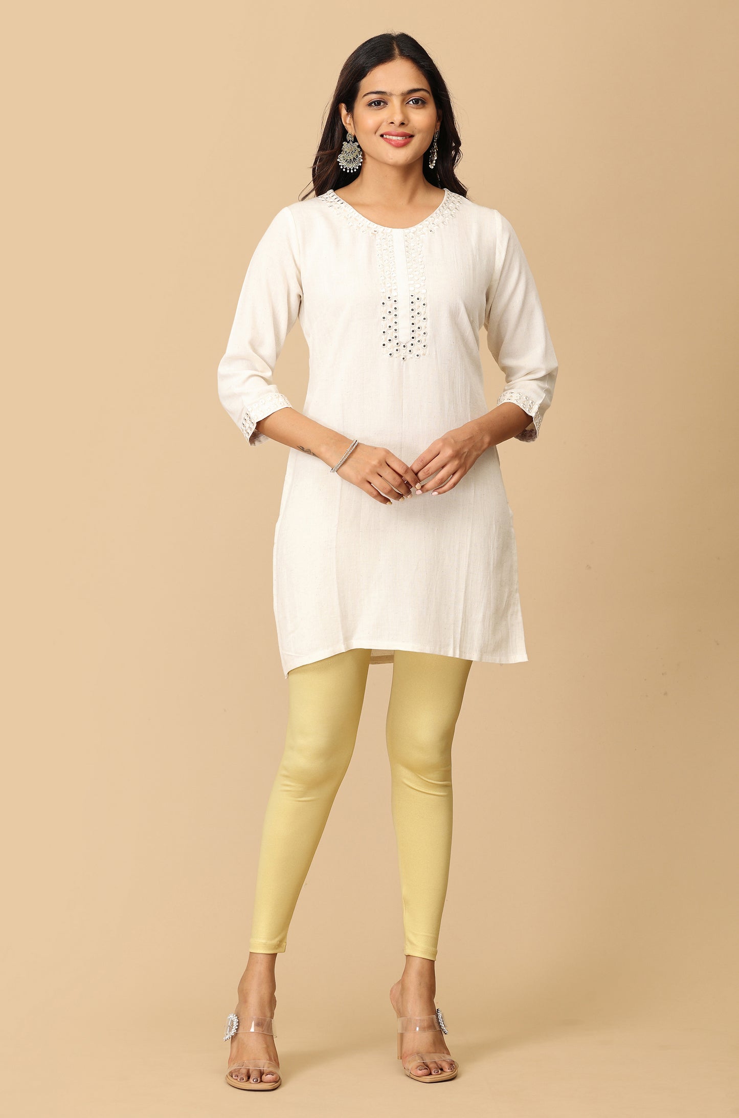 Off White Mirror Work Embroidery Kurti