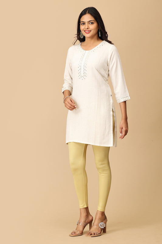 Off White Mirror Work Embroidery Kurti
