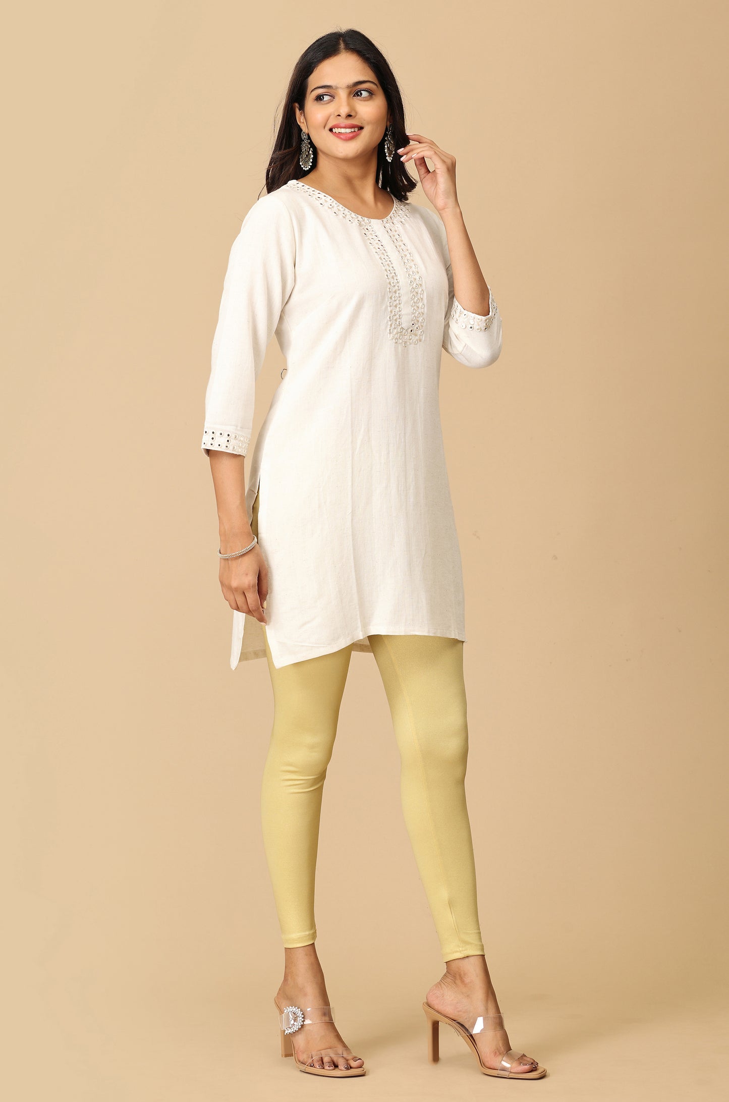 Off White Mirror Work Embroidery Kurti
