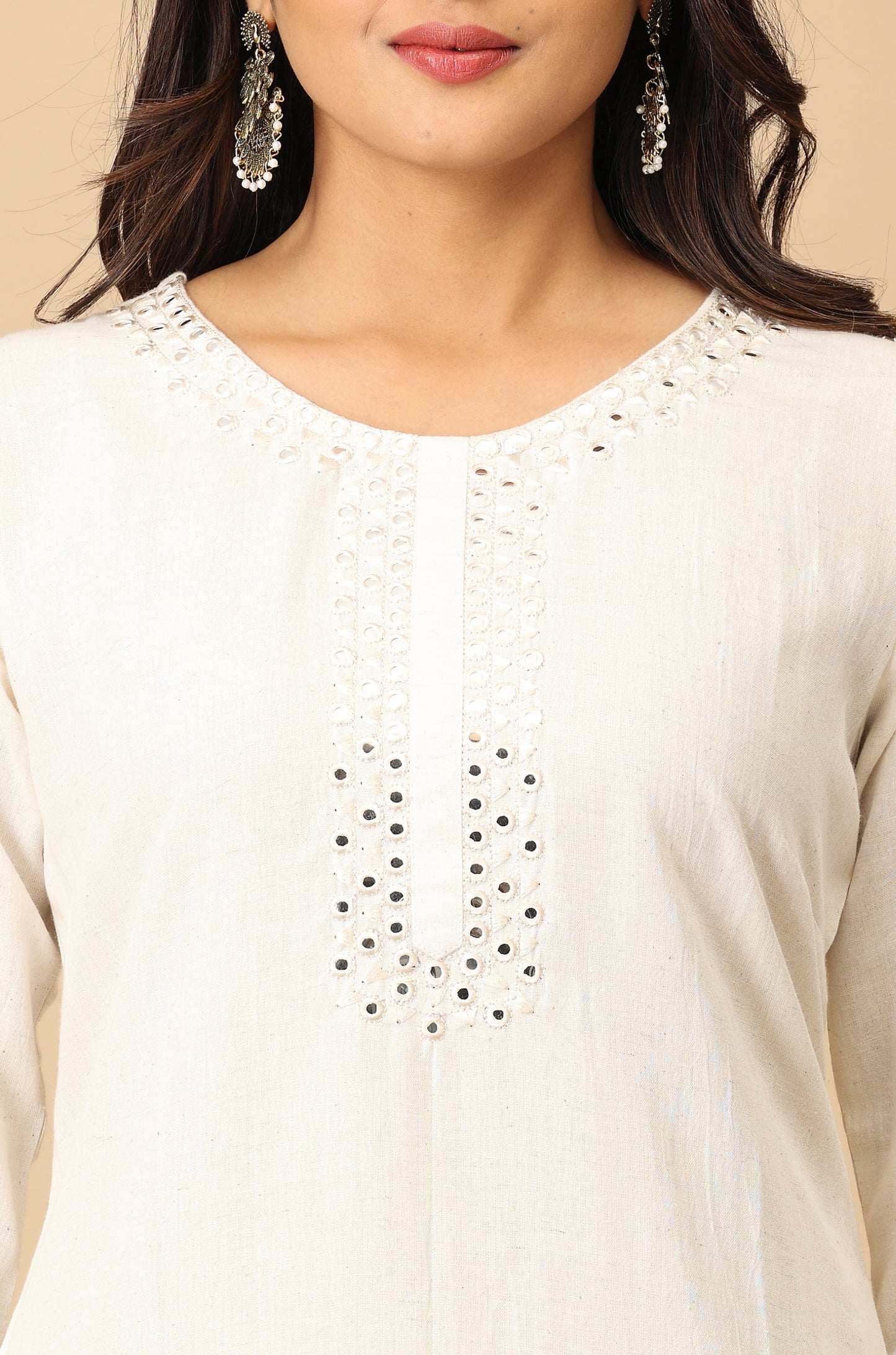 Off White Mirror Work Embroidery Kurti