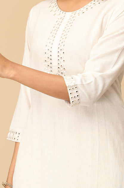 Off White Mirror Work Embroidery Kurti