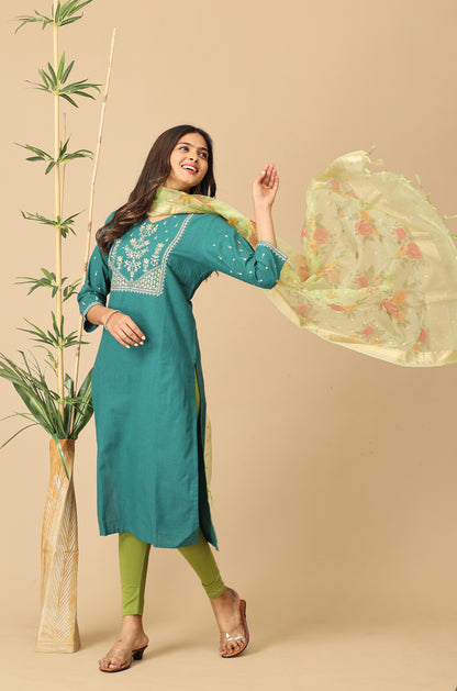 Teal Khadi Embroidery Kurti
