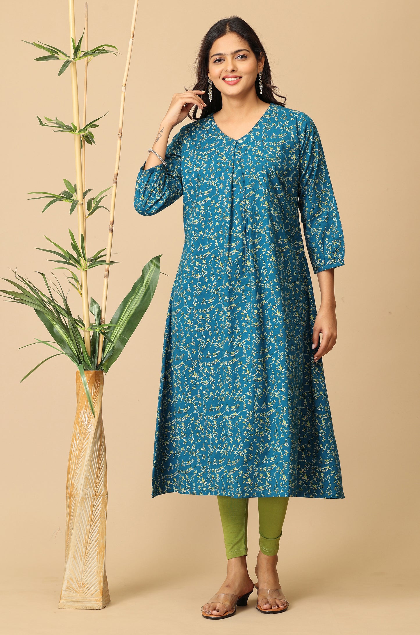 Steel Blue Rayon Slub Box Pleat Printed Kurti