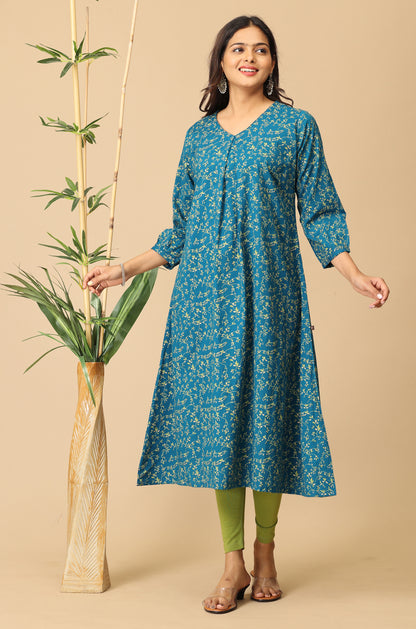 Steel Blue Rayon Slub Box Pleat Printed Kurti