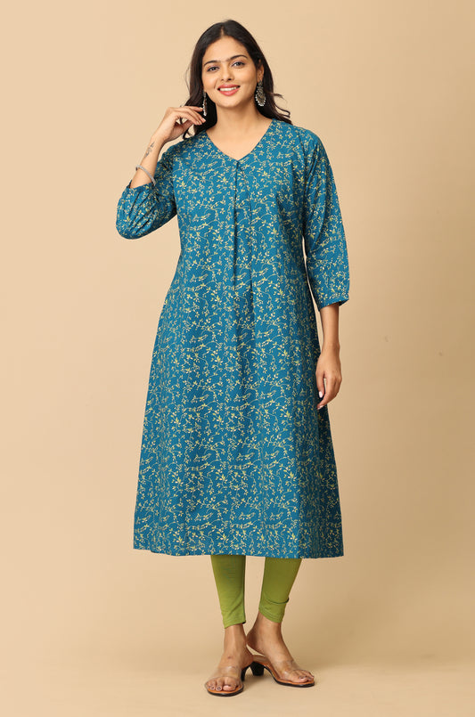Steel Blue Rayon Slub Box Pleat Printed Kurti