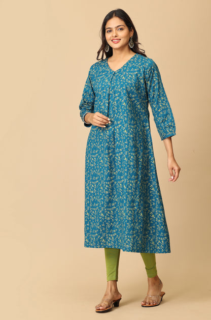 Steel Blue Rayon Slub Box Pleat Printed Kurti