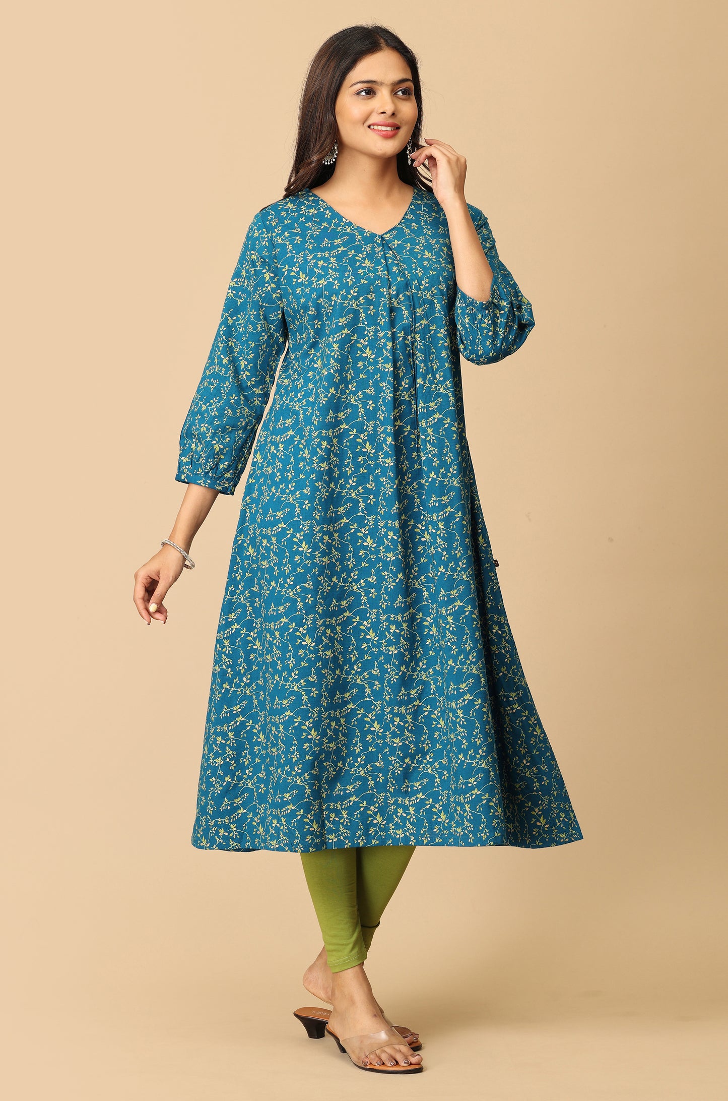 Steel Blue Rayon Slub Box Pleat Printed Kurti