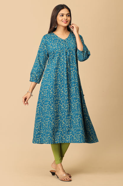 Steel Blue Rayon Slub Box Pleat Printed Kurti
