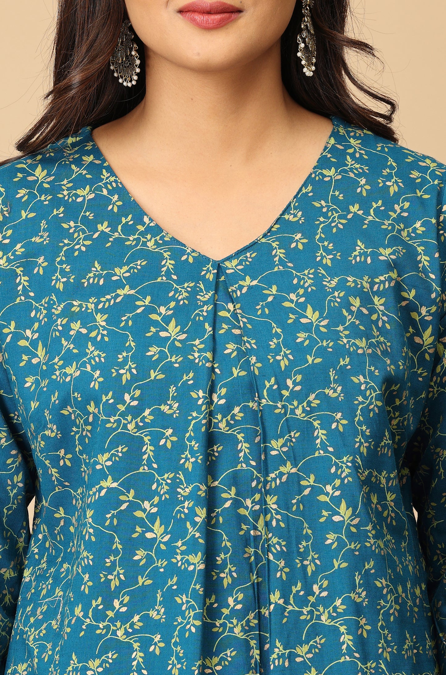 Steel Blue Rayon Slub Box Pleat Printed Kurti