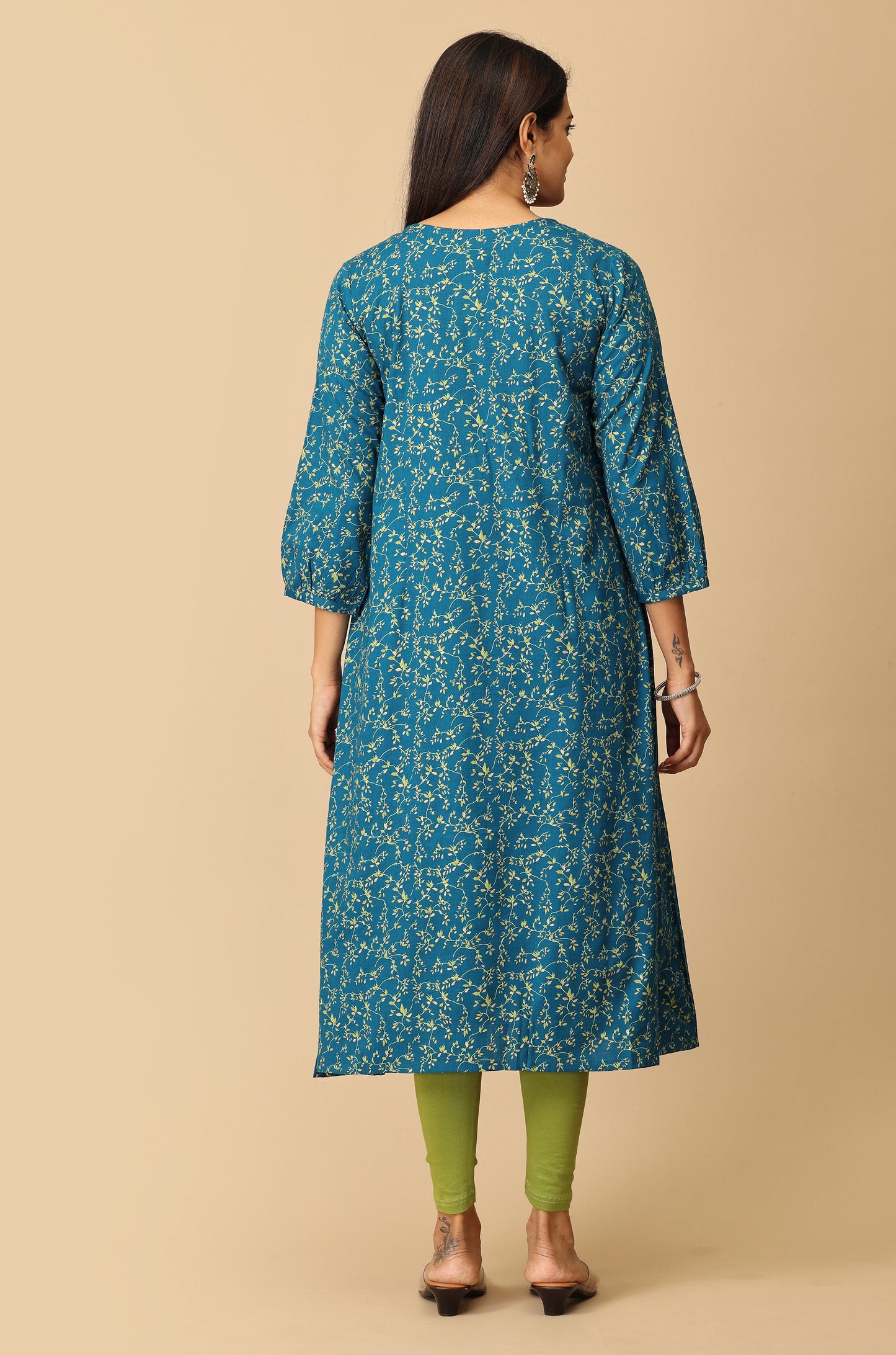 Steel Blue Rayon Slub Box Pleat Printed Kurti