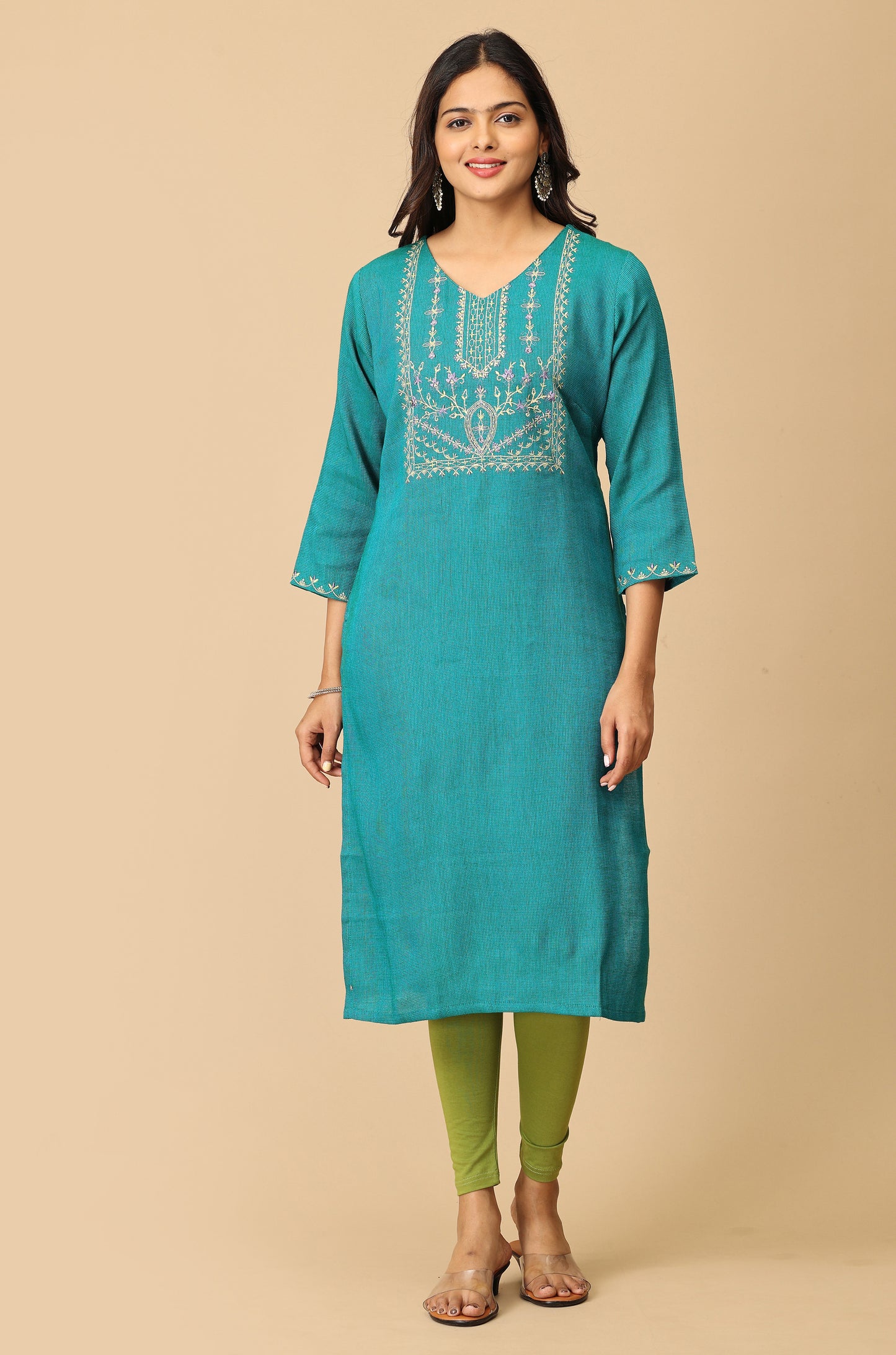 Teal Matty Straight Embroidery Kurti