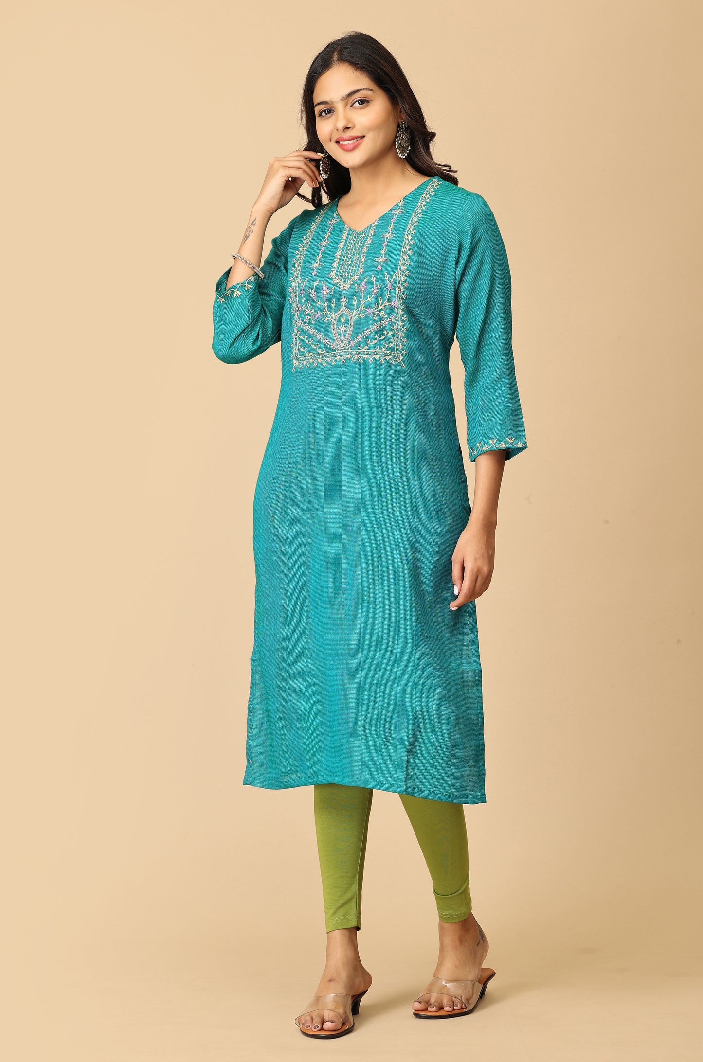 Teal Matty Straight Embroidery Kurti