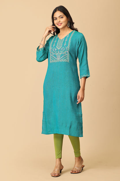 Teal Matty Straight Embroidery Kurti