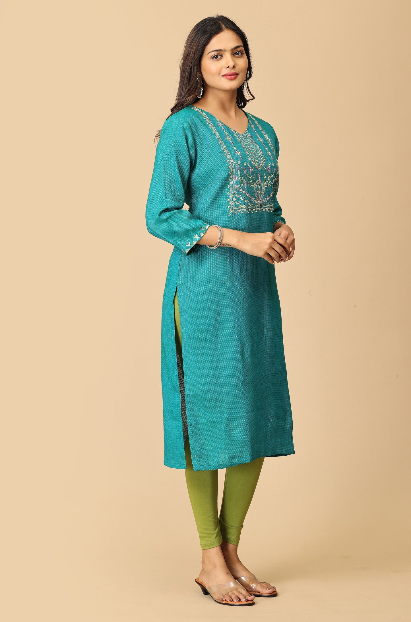 Teal Matty Straight Embroidery Kurti