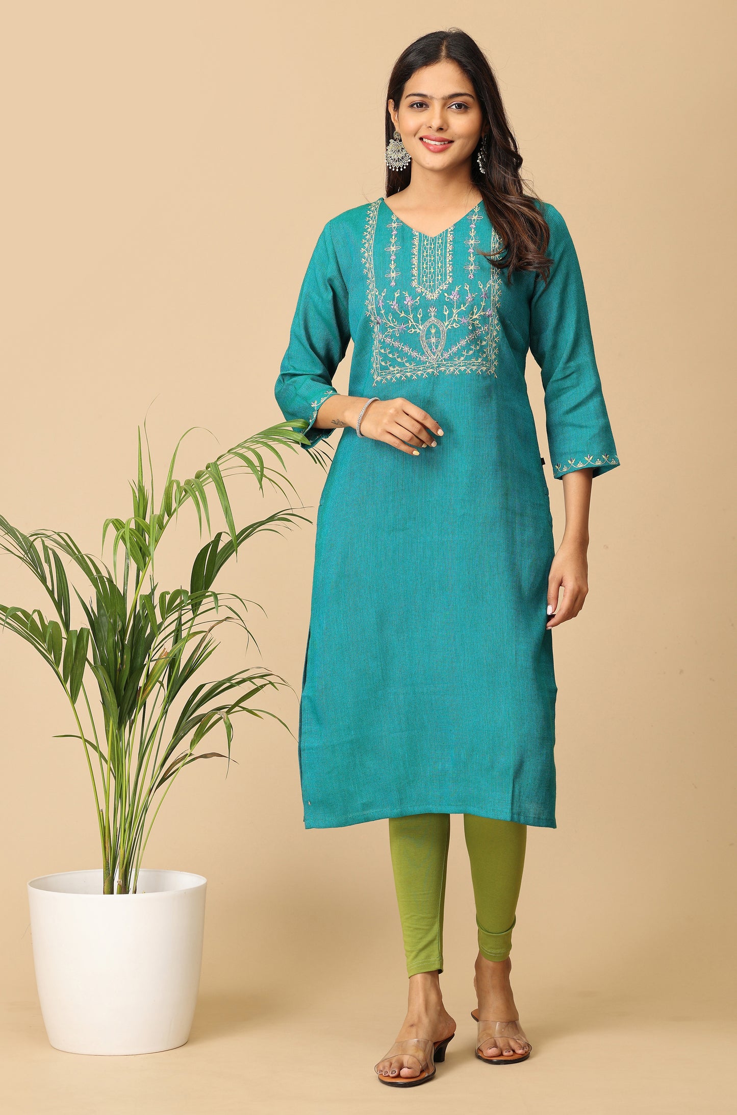 Teal Matty Straight Embroidery Kurti