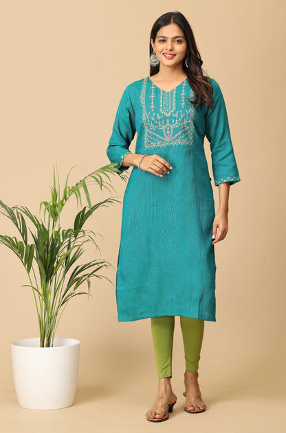 Teal Matty Straight Embroidery Kurti