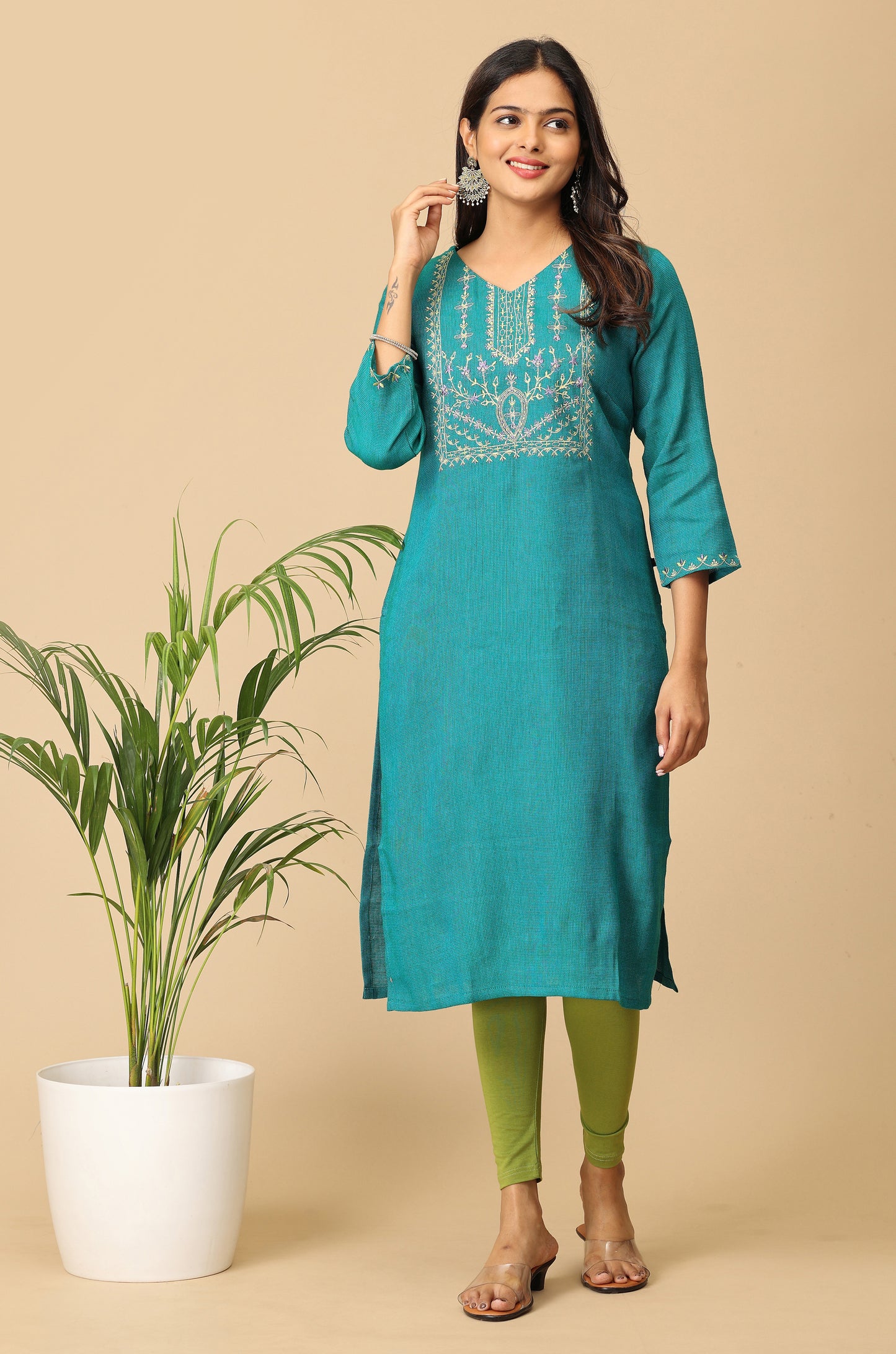Teal Matty Straight Embroidery Kurti