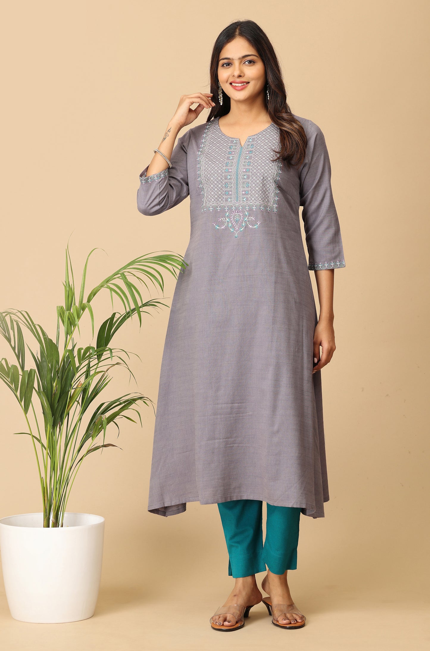 Grey Rayon Slub A-Line Embroidery Kurti