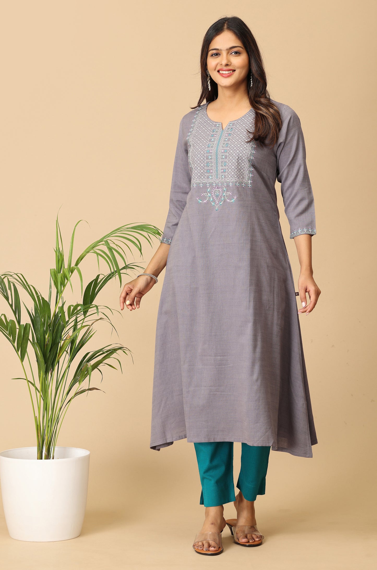 Grey Rayon Slub A-Line Embroidery Kurti