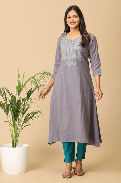 Grey Rayon Slub A-Line Embroidery Kurti