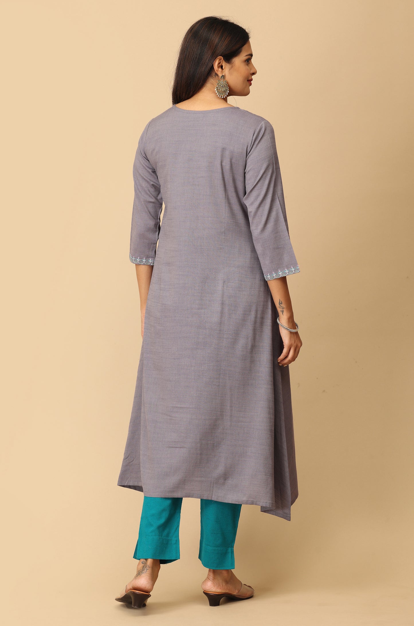 Grey Rayon Slub A-Line Embroidery Kurti
