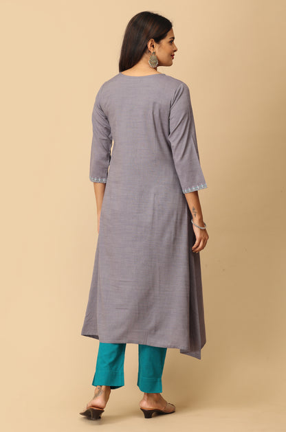 Grey Rayon Slub A-Line Embroidery Kurti