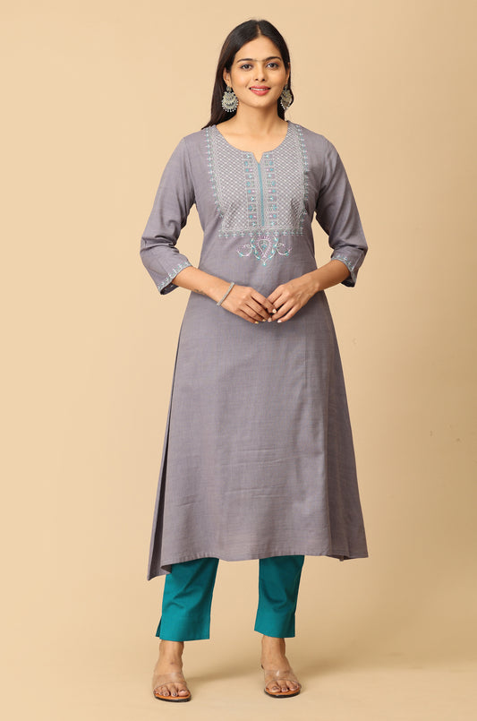 Grey Rayon Slub A-Line Embroidery Kurti