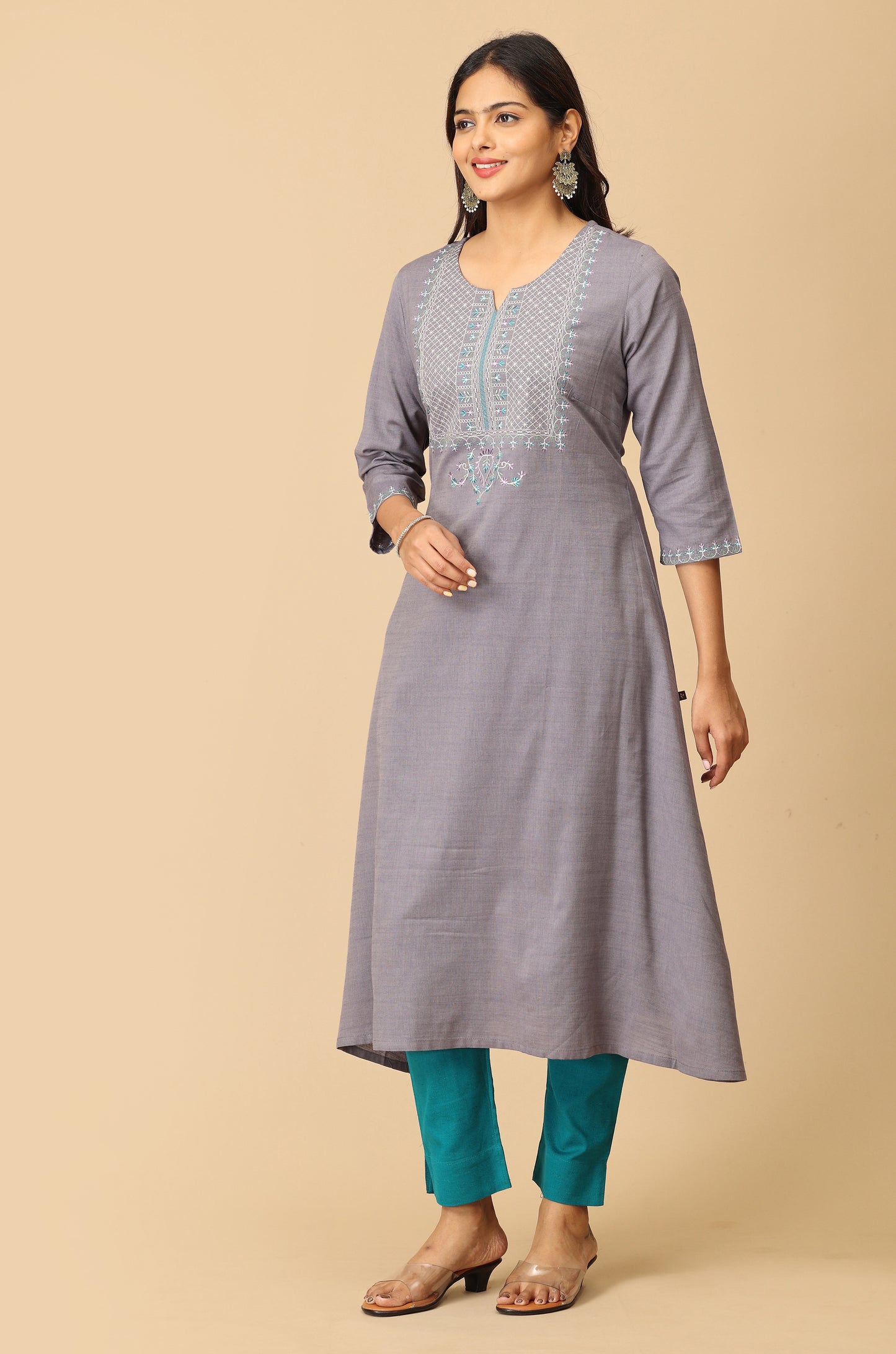 Grey Rayon Slub A-Line Embroidery Kurti