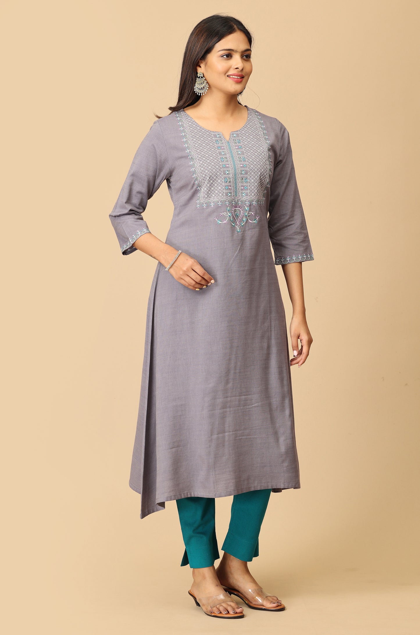 Grey Rayon Slub A-Line Embroidery Kurti
