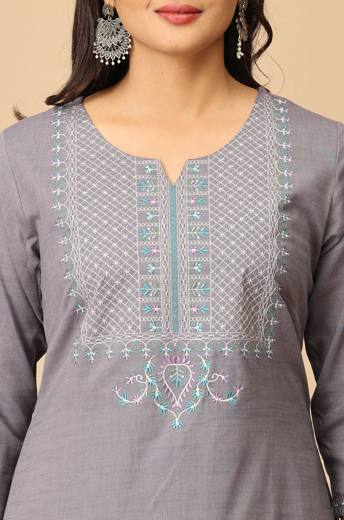 Grey Rayon Slub A-Line Embroidery Kurti