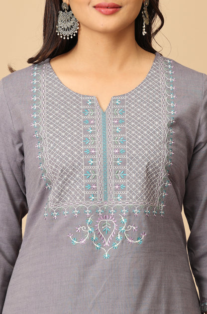Grey Rayon Slub A-Line Embroidery Kurti