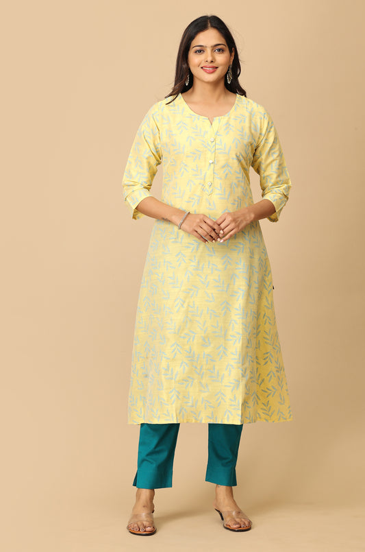 Lemon Slub Silk Printed Kurti