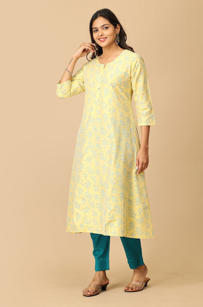 Lemon Slub Silk Printed Kurti