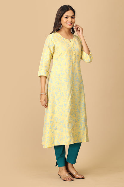 Lemon Slub Silk Printed Kurti