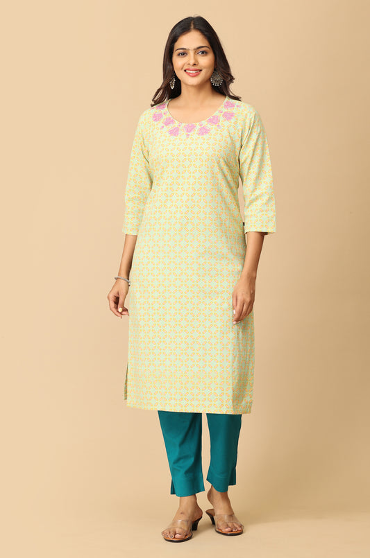 Lemon Khadi Print with Neck Embroidery Kurti