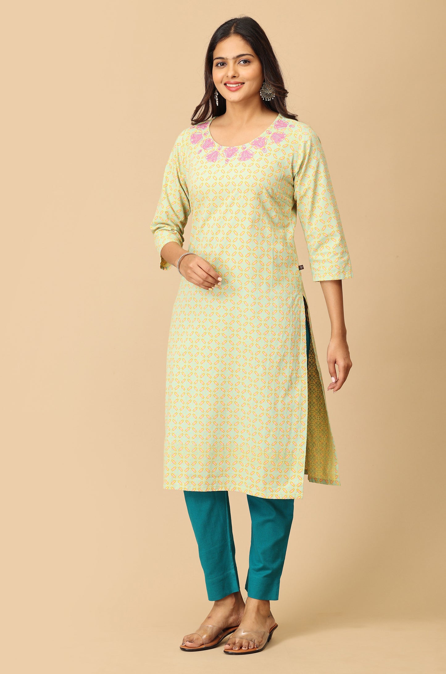 Lemon Khadi Print with Neck Embroidery Kurti