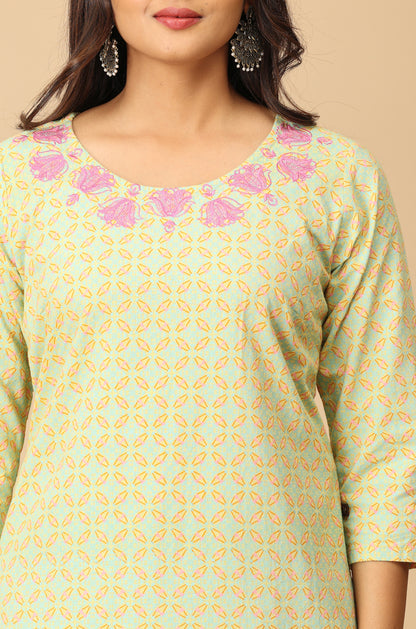 Lemon Khadi Print with Neck Embroidery Kurti