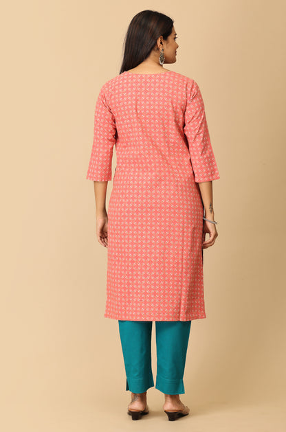 Peach Khadi Print with Neck Embroidery Kurti