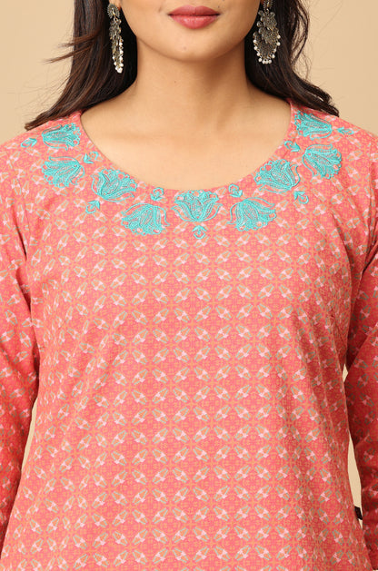 Peach Khadi Print with Neck Embroidery Kurti