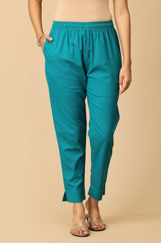 Teal Cotton Trouser Fit with Drawstring Cigarette Pant