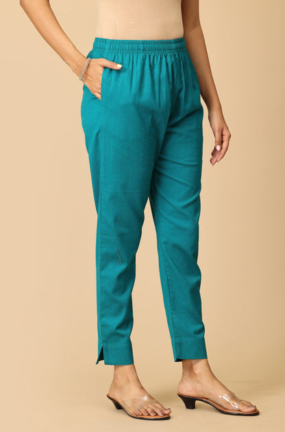Teal Cotton Trouser Fit with Drawstring Cigarette Pant