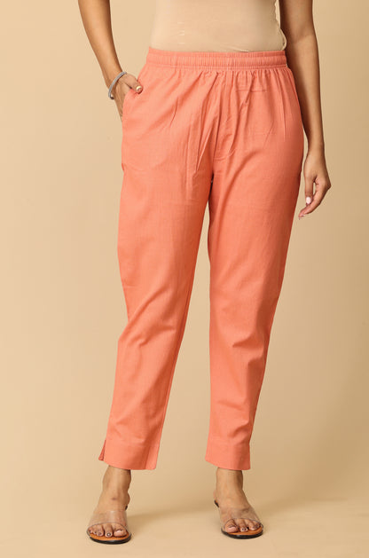 Peach Cotton Trouser Fit with Drawstring Cigarette Pant